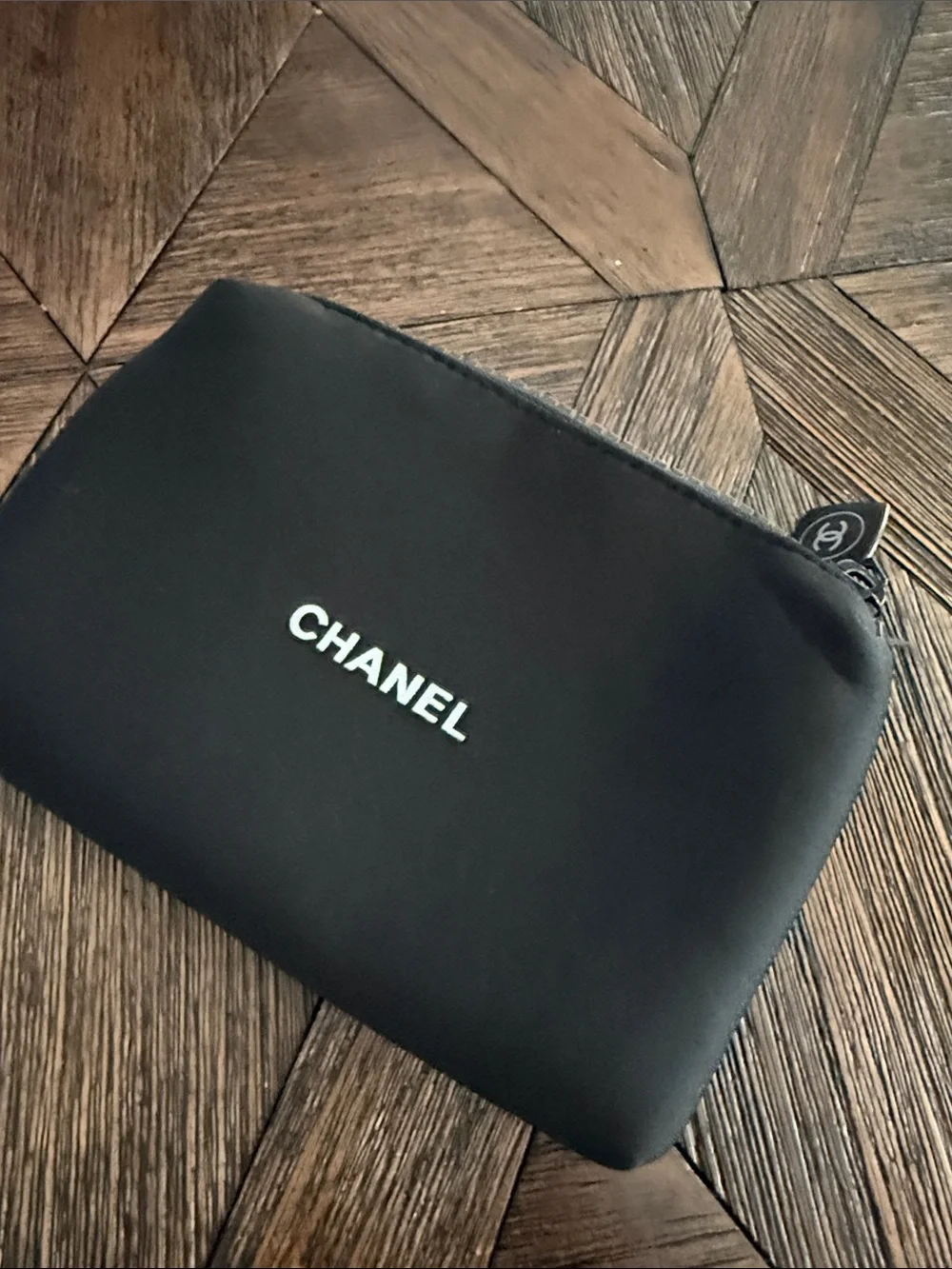 CHANEL Black Neoprene Cosmetic Pouch Makeup Bag Zip Case